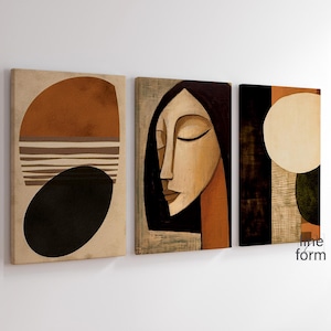 Abstract Modern Set of 3 Prints, Burnt Orange Prints, Abstract Face Art, Abstract Form Triptych Wall Art, Modern Minimalist Abstract Art