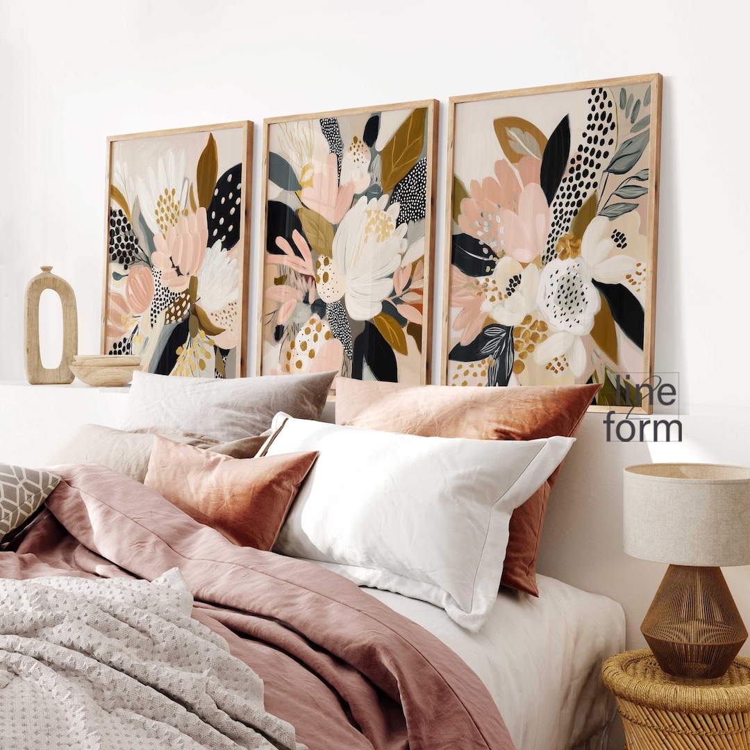 Abstract Floral Wall Art Set of 3: Soft Earth Tone Above Bed Decor - Etsy