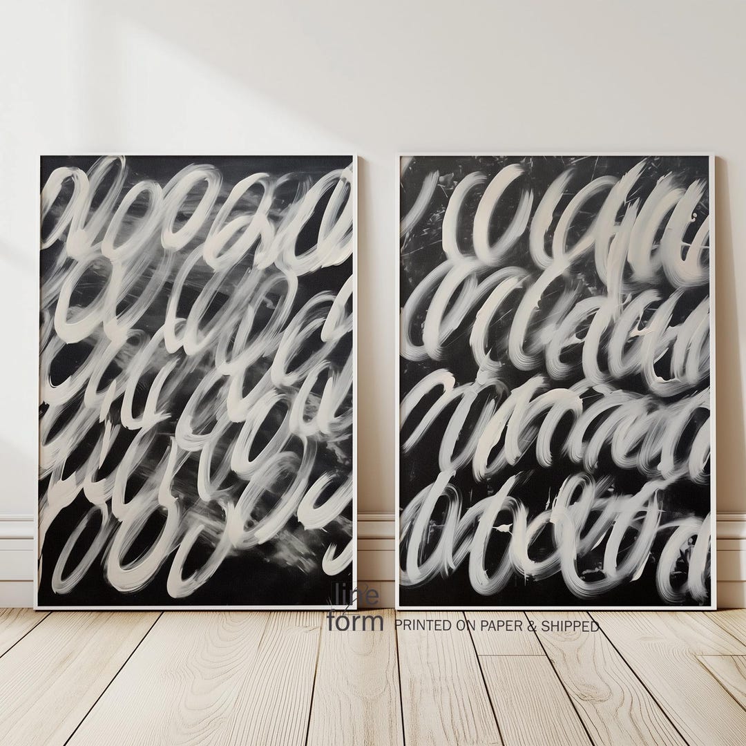 Abstract Brush Strokes Print Set: Modern Black and White Minimalist Art ...