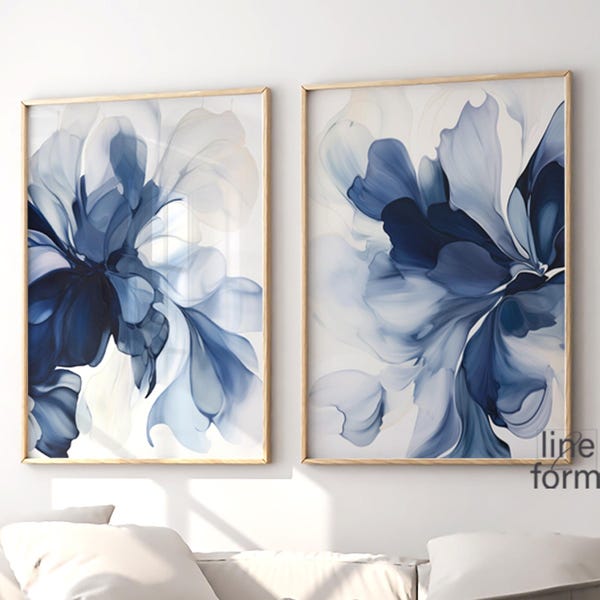Navy Blue Floral Abstract Art Prints - Set of 2