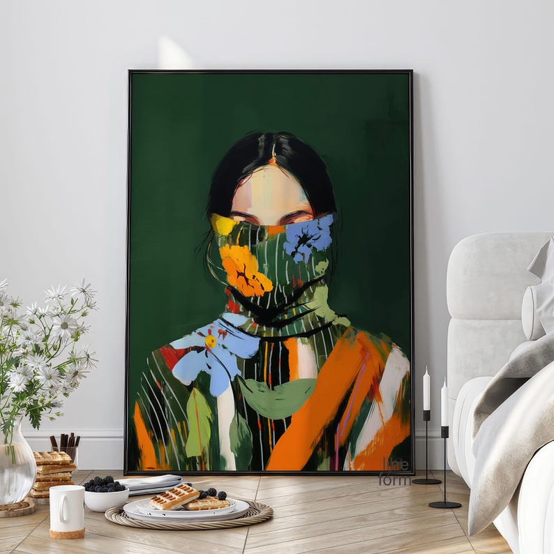 Emerald Green Woman Portrait Art: Japandi Boho Print - Etsy