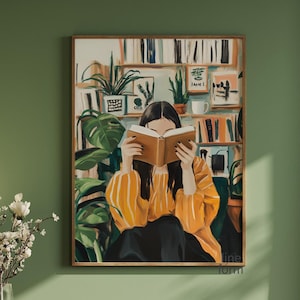 Donna che legge arte, arte astratta di persone, arte murale di lettura, arte astratta femminile, arte murale per amanti dei libri, stampe eclettiche astratte