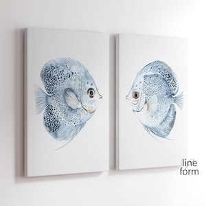 Ensemble de 2 impressions, peinture de poisson bleu aquarelle, Discus abstrait, décoration murale côtière moderne, aquarelles d'animaux marins, art de la maison de plage