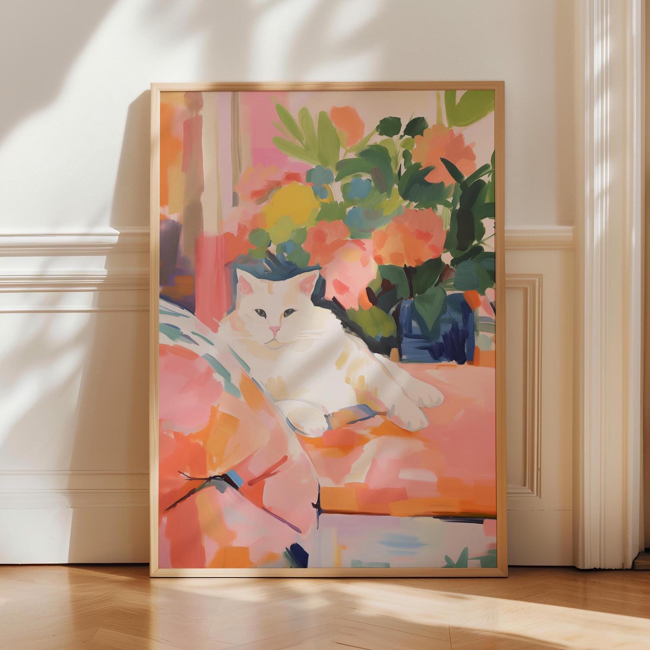 Sleeping Cat Print, Printable Cat Art, Colorful Cat Wall Art, Abstract Cat Print, Cozy Cat Print, Cat Lover Print, Maximalist Wall Art