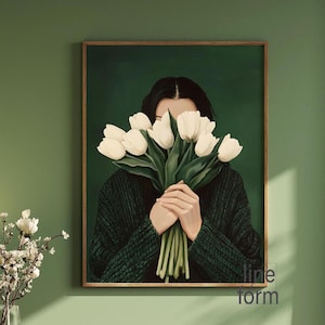 Persone astratte verde smeraldo, donna con tulipani, pittura astratta femminile minimale Japandi, ritratto femminile, stampe eclettiche astratte