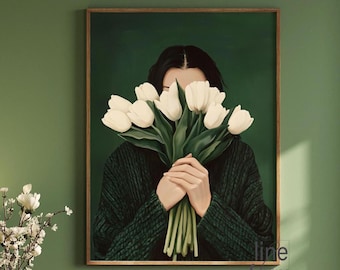 Smaragdgrün Abstrakte Menschen Kunst, Frau mit Tulpen Minimal Japandi Weibliche abstrakte Malerei, Weibliche Porträt Kunst Abstrakte Eklektische Drucke