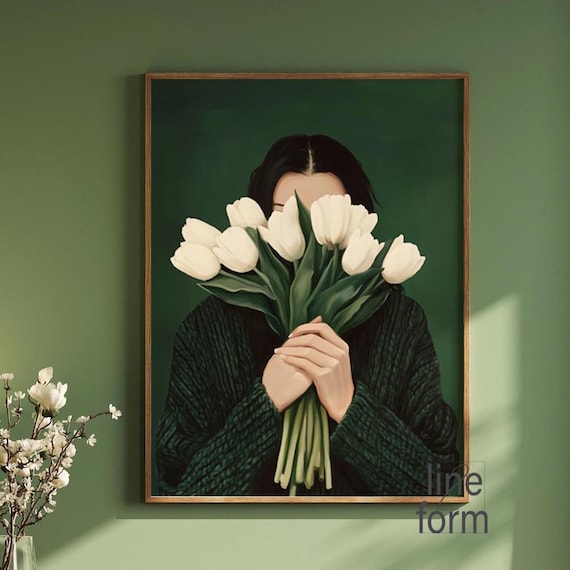 Emerald Green Woman With Tulips Art Print: Minimalist Japandi