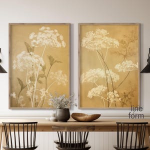 Vintage Wildflowers Print Set of 2 Pieces, Wild Flower Art Print, Moody Queen Annes Lace Wall Decor, Botanical Floral, Wildflower Field Art