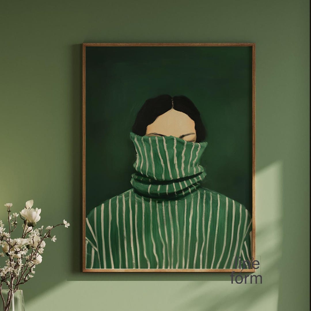 Emerald Green Abstract Woman Art Print: Minimalist Japandi Decor