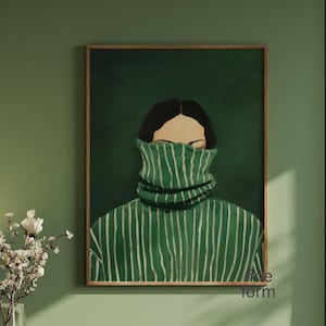 Emerald Green Abstract People Art, Minimal Japandi Stripe Female Abstract Painting, Figurative Art, People Painting Abstract Eclectic Prints