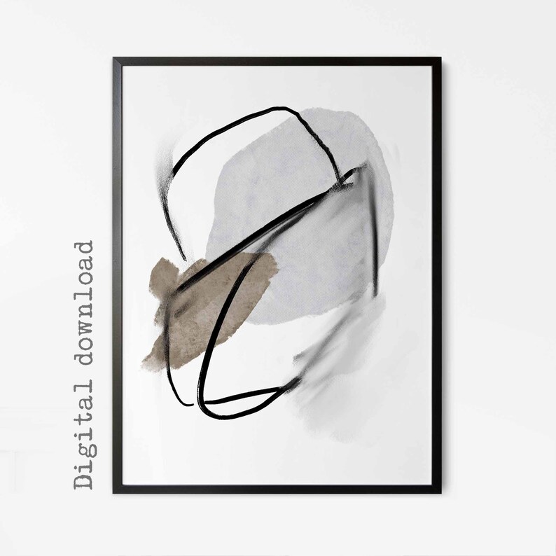 May include: Abstract art print featuring a black line drawing of a curved shape with a gray and brown watercolor wash in the background.