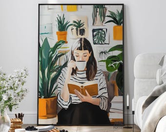 Reading Woman Art Print: Abstract Coffee & Book Lover Gift