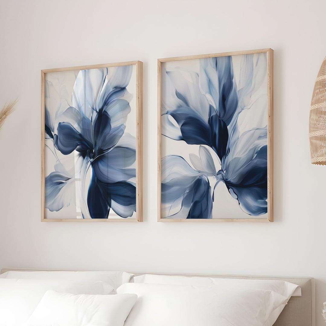 Navy Blue Floral Wall Art Set of 2 - Fluid Abstract Petal Prints - Etsy