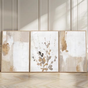 Beige Gold Abstract 3 Piece Wall Art, Botanical Wall Prints Set of ...