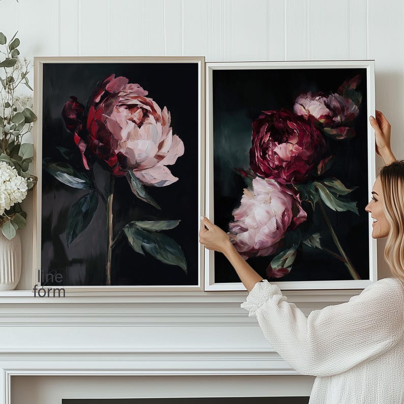 Dark Moody Peony Art Print Set: Abstract Floral Wall Decor - Etsy