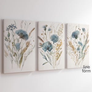 Blue Wildflower Prints Set: Beige Neutral Botanical Art (Digital Printable)