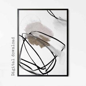 May include: Abstract art print with black lines and gray and brown watercolor shapes on a white background.