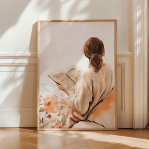 Donna che legge, dipinto ad acquerello, decorazione murale eclettica, dipinto astratto femminile, arte figurativa, stampa eclettica di donna che legge
