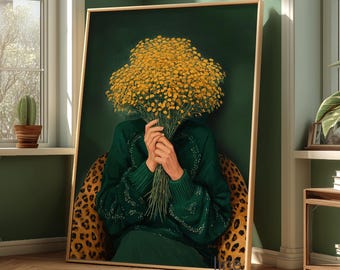 Emerald Green Woman with Yellow Flowers Art Print: Abstract Female Portrait