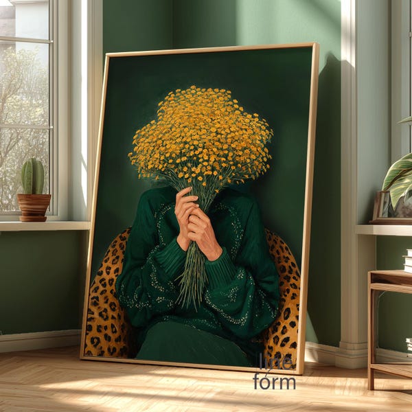 Abstraktes Frauenportrait, Smaragdgrün mit gelben Blumen