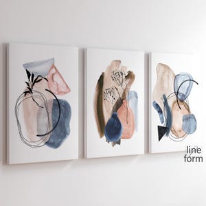 Abstract Watercolor Brush Strokes Modern Simple Neutral Gallery Wall Art Set of 3 Nordic Prints Watercolor Shapes Indigo Watercolor