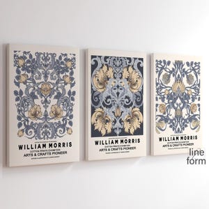 William Morris Exhibition Poster Beige Blue Botanical Set of 3 Prints William Morris Museum Print William Morris Print Art Nouveau Poster