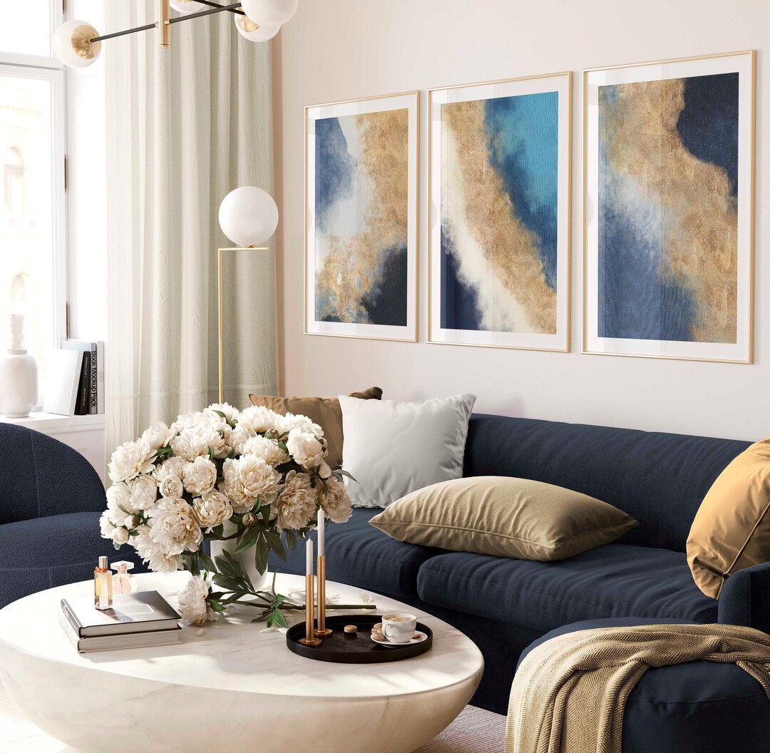 Navy Blue Gold Abstract Wall Art Set of 3 Prints Downloadable Navy Blue