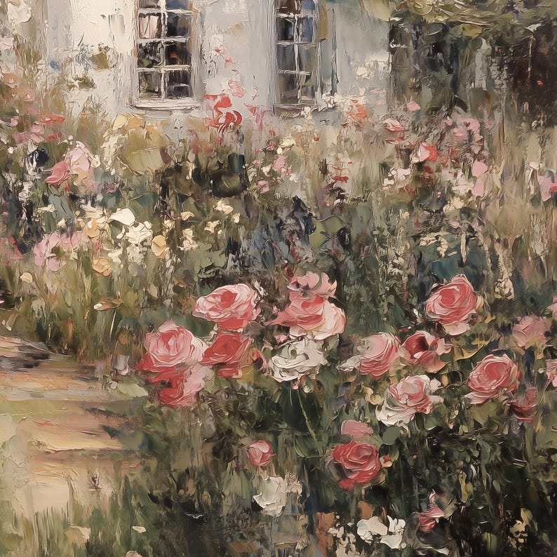 Vintage Rose Garden Painting: English Cottage Landscape Art Print - Etsy