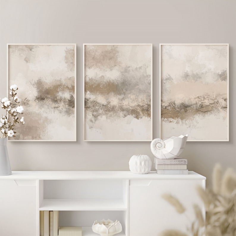 Neutral abstract painting set of 3 wall art nordic prints in soft tan, beige and brown colors, perfect abstract above bed and bedroom decor art.