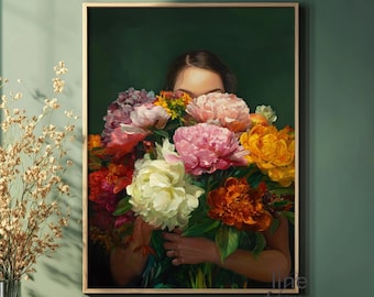 Emerald Green Abstract Woman Art Print: Japandi Floral Portrait
