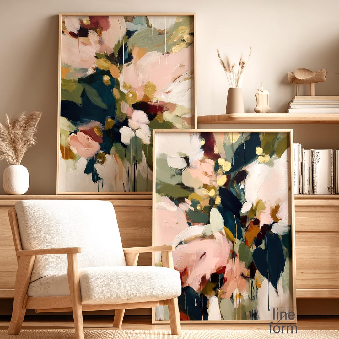 Blush Pink and Sage Green Floral Art Set of 2: Abstract Modern ...