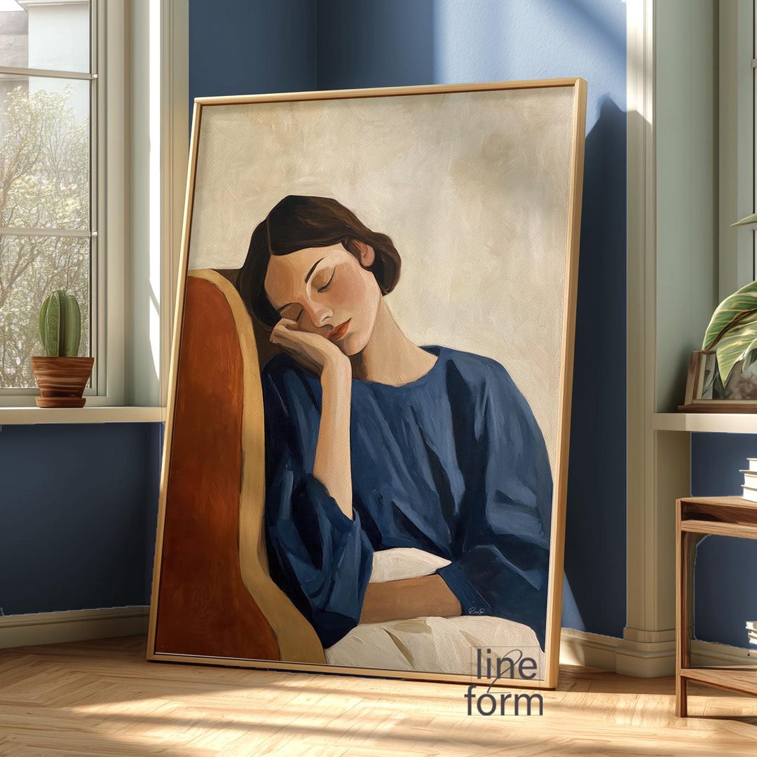 Navy Blue Abstract Woman Art Print: Minimalist Japandi Decor - Etsy