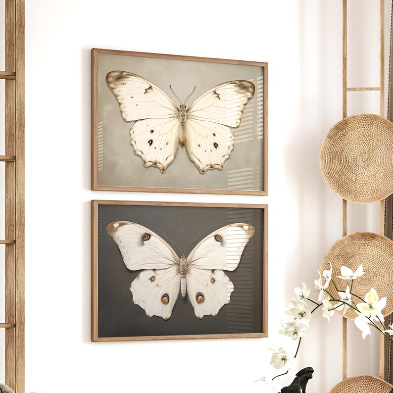 May include: Two framed prints of white butterflies with brown accents on a white wall. The top print has a light brown background and the bottom print has a dark brown background.