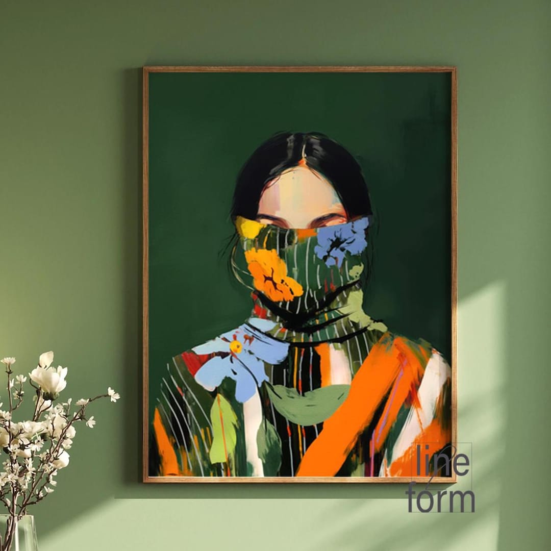 Emerald Green Woman Portrait Art: Japandi Boho Print - Etsy