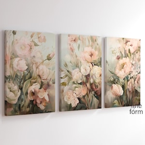 Flower Prints Set of 3, Pastel Floral Art, Pink Flowers Print Set, Muted Pastels Botanical 3 Piece Wall Art Printable Floral Oil Painting