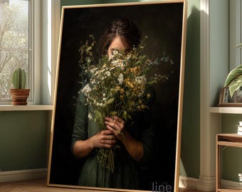 Emerald Green Woman with Wildflower Bouquet Art Print: Vintage Style Portrait