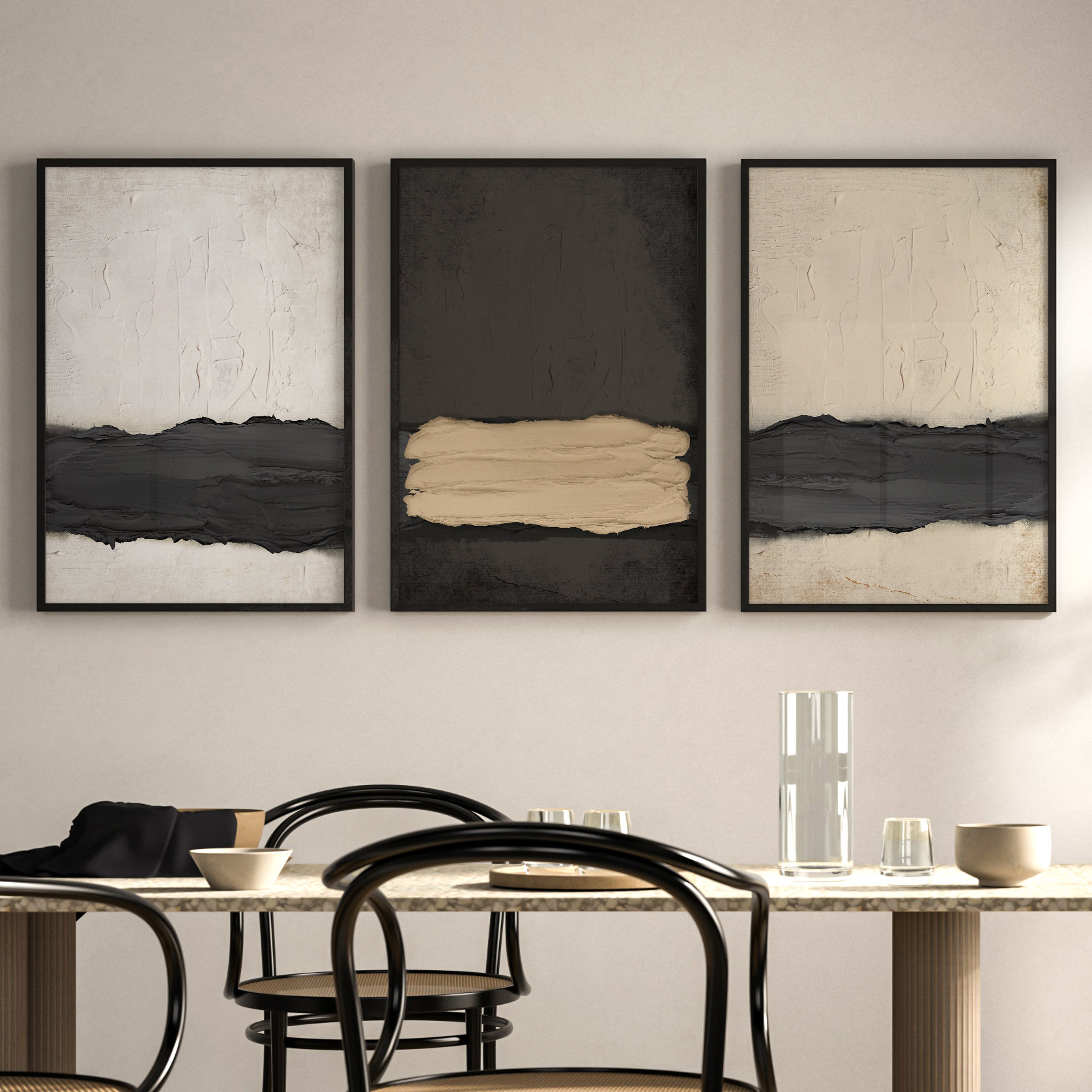 Neutral Abstract Art Print Set of 3: Beige Black Textured Triptych ...