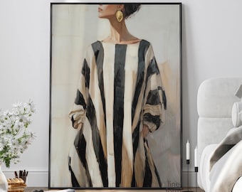 Abstract Woman Art Print: Japandi Stripe Portrait, Minimalist Fashion