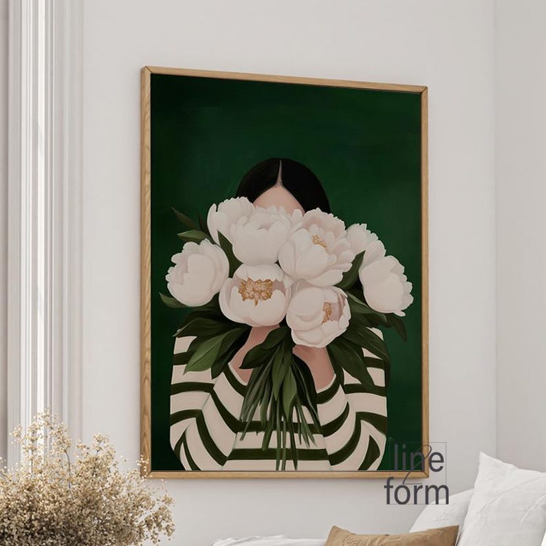 Emerald Green Woman With Peonies Art Print: Japandi Minimalist Decor - Etsy