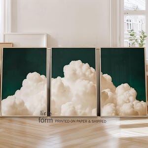Emerald Green Cloud Print Set of 3: Moody Abstract Wall Art