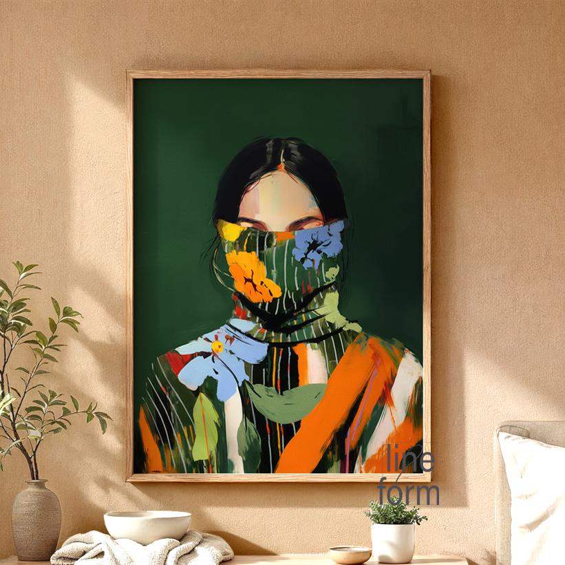 Emerald Green Woman Portrait Art: Japandi Boho Print - Etsy