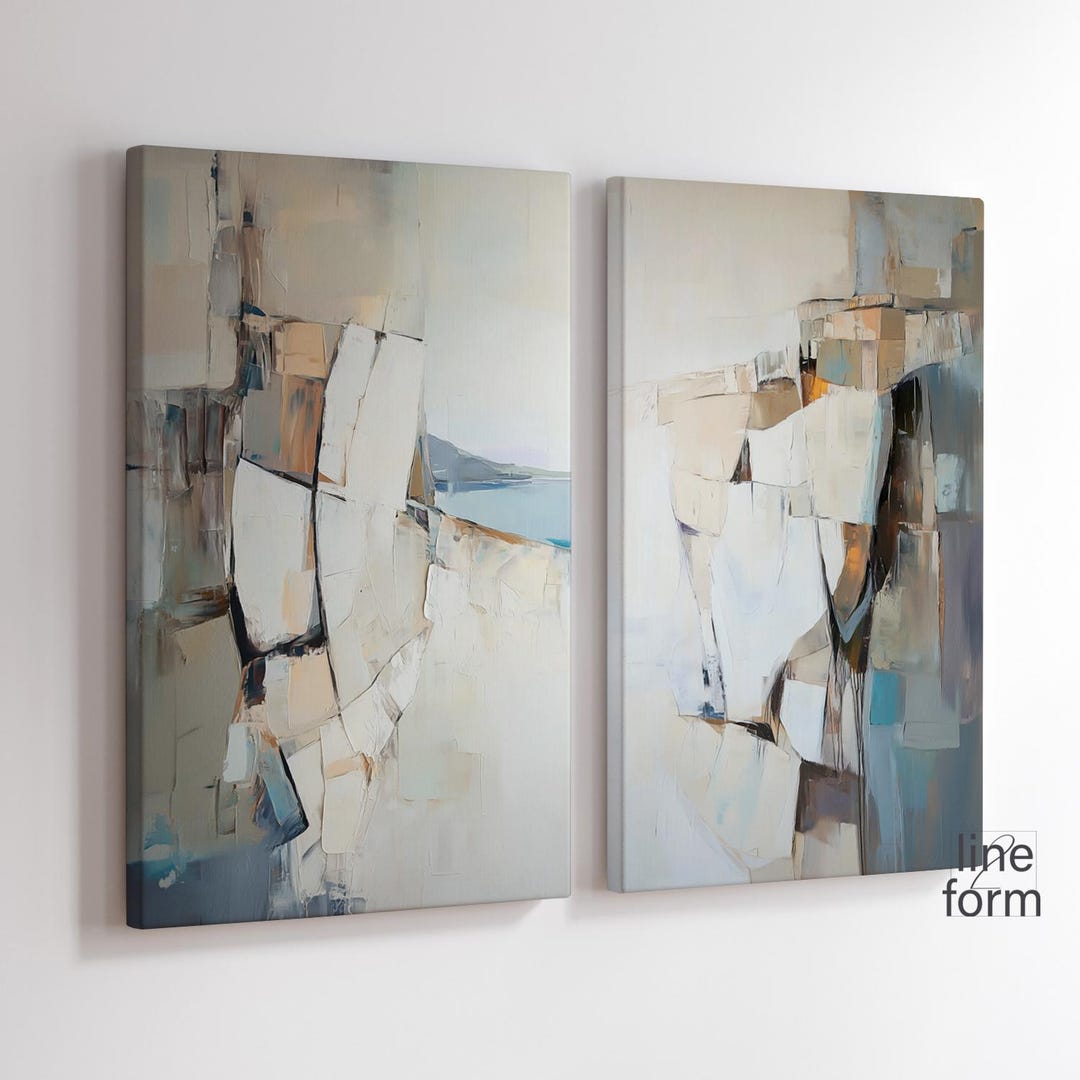 Beige Blue Abstract Print Set of 2: Modern Neutral Wall Art (digital ...