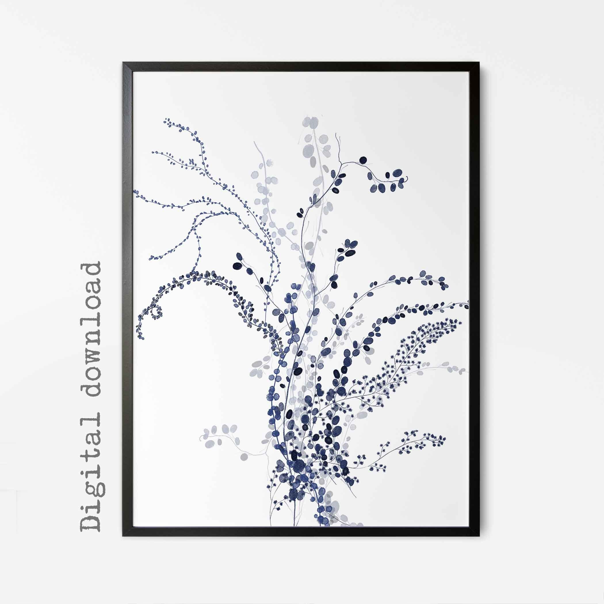 Navy Blue Watercolor Botanical Print Gallery Wall Art Set of 3 Etsy