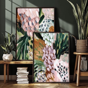 Lot de 2 oeuvres d&#39;art murales florales abstraites : imprimés rose poudré et vert