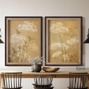 Vintage Wildflowers Wall Art Set of 2 Pieces Wild Flower Art Print, Moody Queen Annes Lace Wall Decor, Botanical Floral Wildflower Field Art