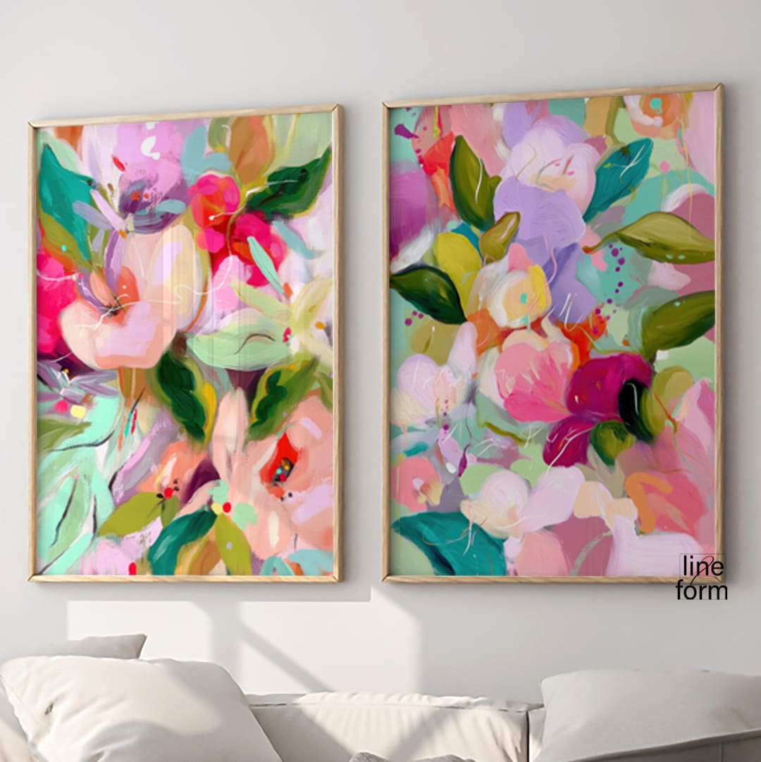 Floral Abstract Art Print Set of 2: Bright Colorful Modern Home Decor ...