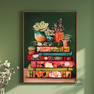 Pila di libri, dipinto, decorazione artistica da lettura verde smeraldo, stampa per amanti dei libri, arte murale alla moda, stampa di libri colorati, angolo lettura, arte murale