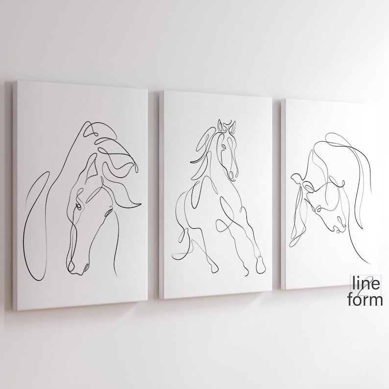 May include: Three black and white line art prints of horses. Each print features a different pose of a horse, with the text "line form" at the bottom of the rightmost print.