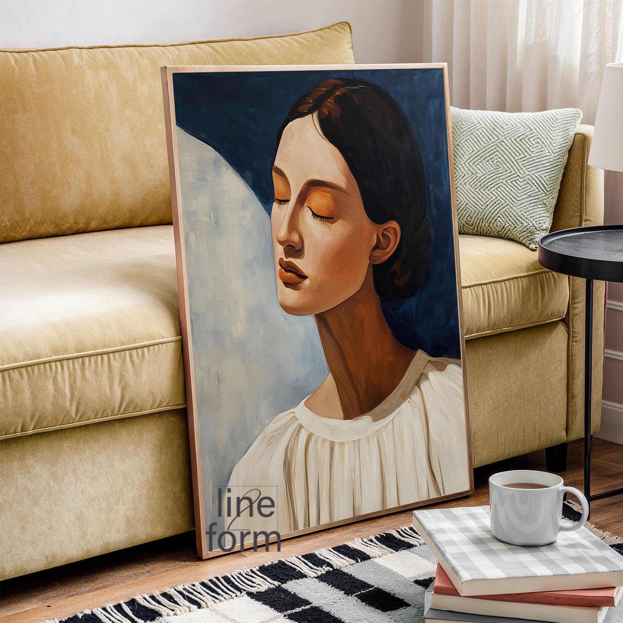 Navy Blue Abstract Woman Art Print: Minimalist Japandi Decor - Etsy