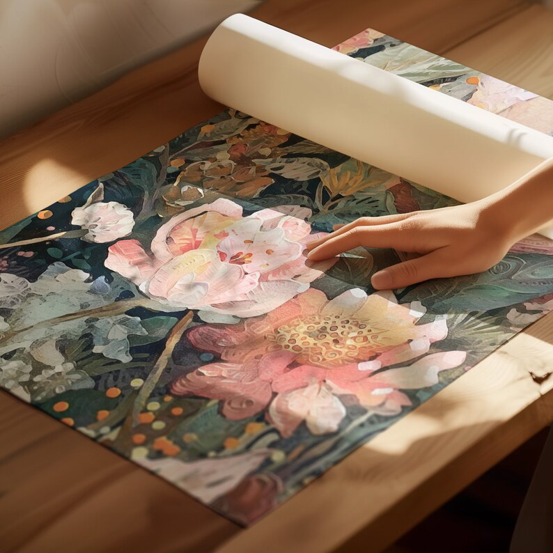 Puede incluir: Un rollo de papel tapiz con estampado floral con flores rosas, amarillas y verdes sobre un fondo azul oscuro.